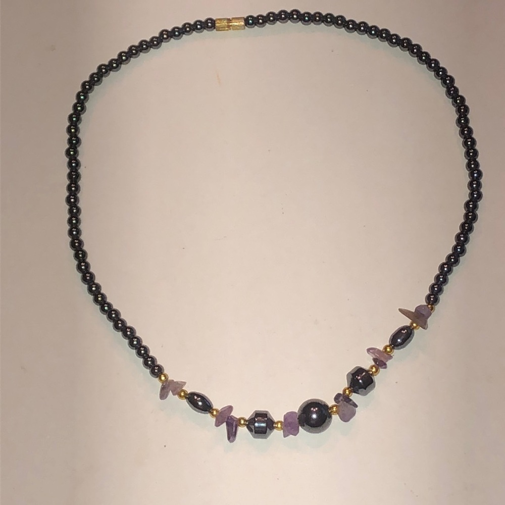 Black Hematite Necklace with Purple Accent Beads